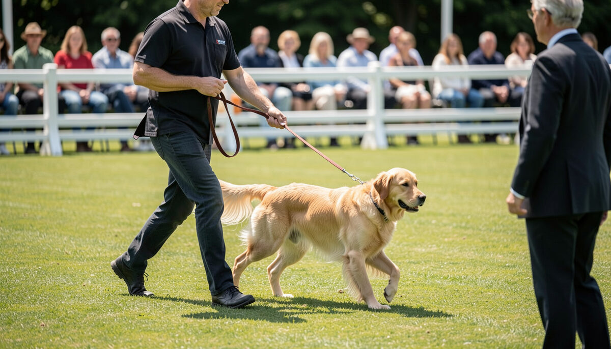 Un présentateur en tenue sombre fait trotter un golden retriever en laisse détendue sur la pelouse d'un ring d'exposition, sous le regard d'un juge, public flou en arrière-plan
